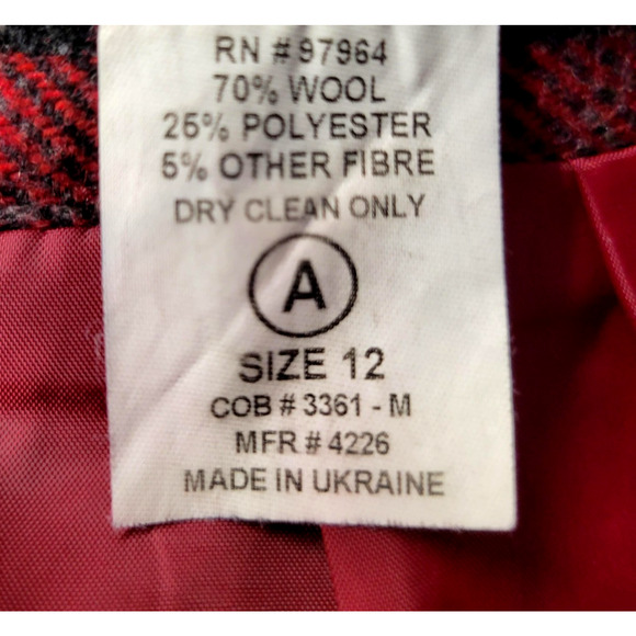 Vintage Skirt Womens 12 Red Black Plaid Wool Blend Lined Back Zip Vent Tartan - Picture 3 of 9